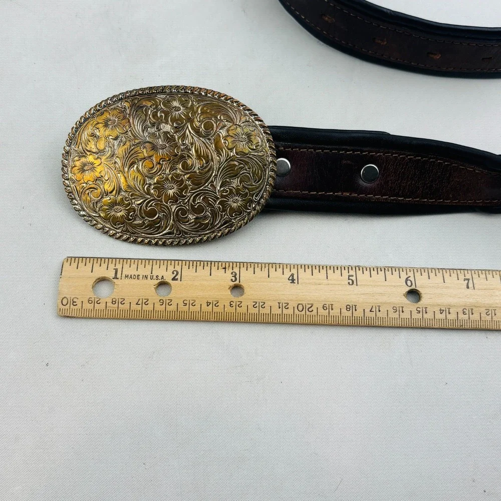 Crumrine Floral Silver Nickel Buckle Simco Saddles‎ Brown Leather Belt Waist 30